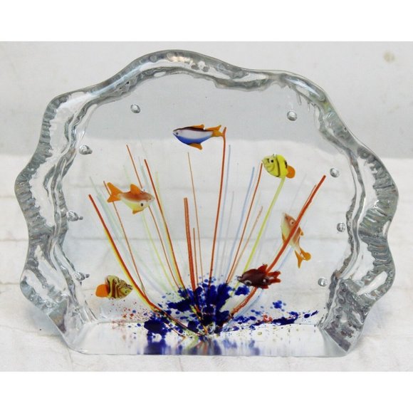 Murano Glass Italian Paperweight Half-Moon Aquarium 6 Fish Tank Bowl Clear Art - Picture 1 of 8